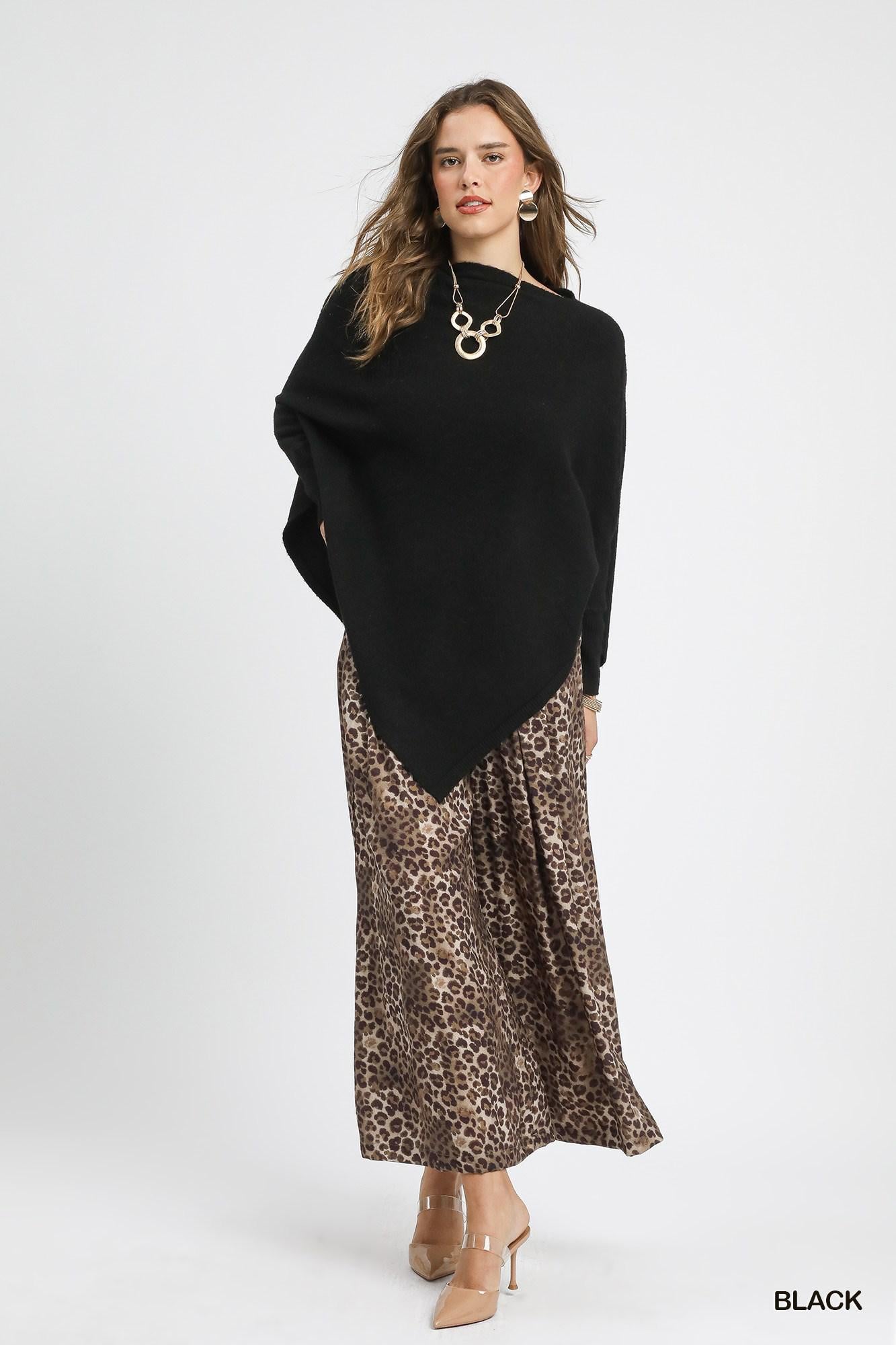 Black Knit Asymmetrical Poncho Sweater