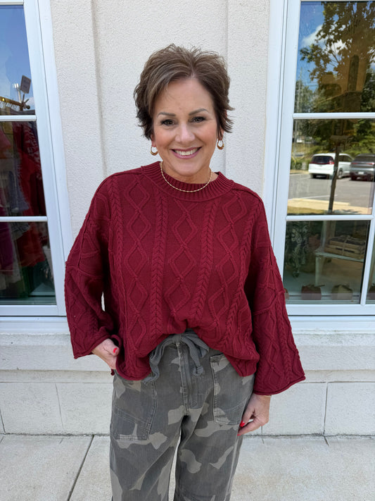 Wine Cotton Cable Sweater