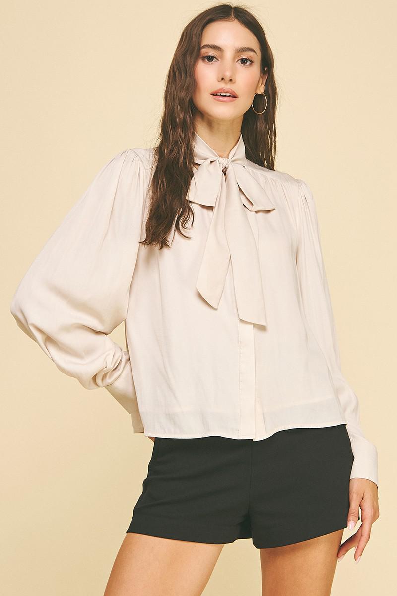Oat Button Down with Neck Tie Blouse
