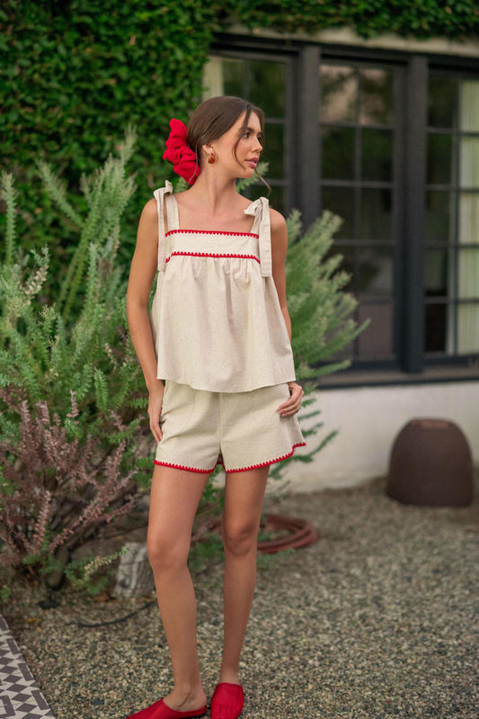 Oatmeal and Red Linen Short Set