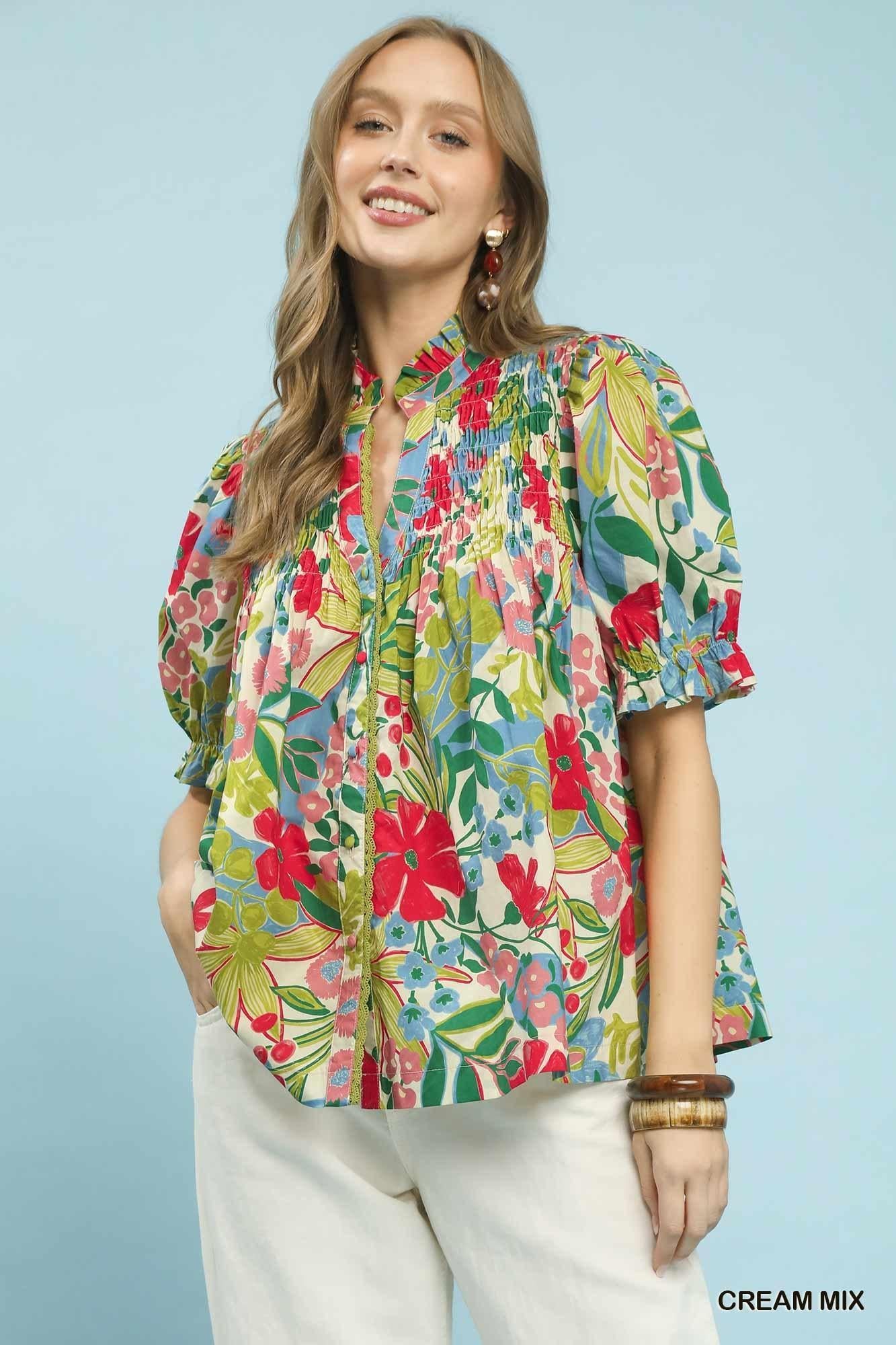 Cream Mix Floral Smocked Top
