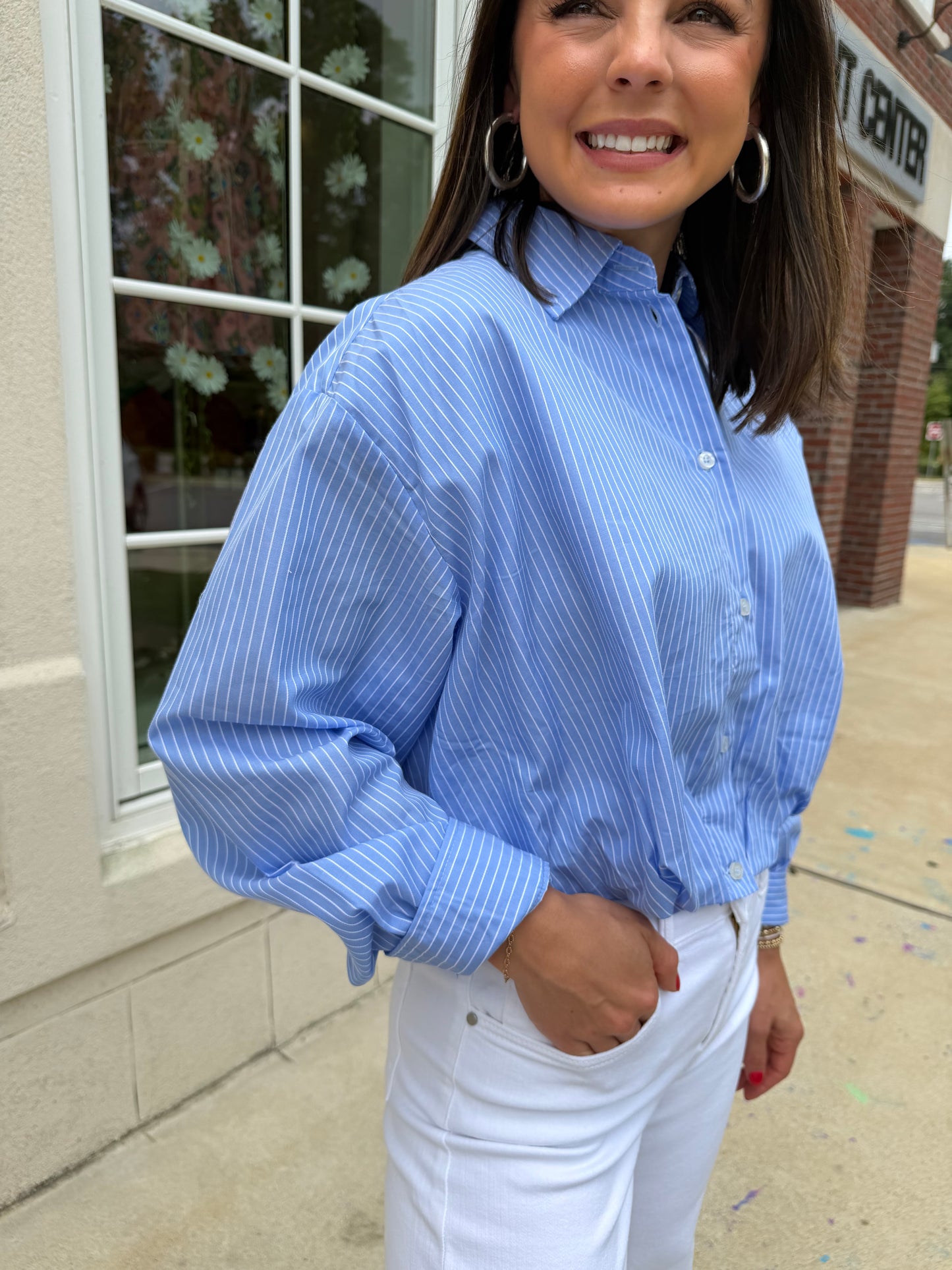 Blue and White Striped Balloon Hem Shirt