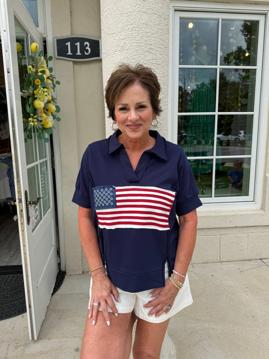 Navy Casual American Flag Shirt