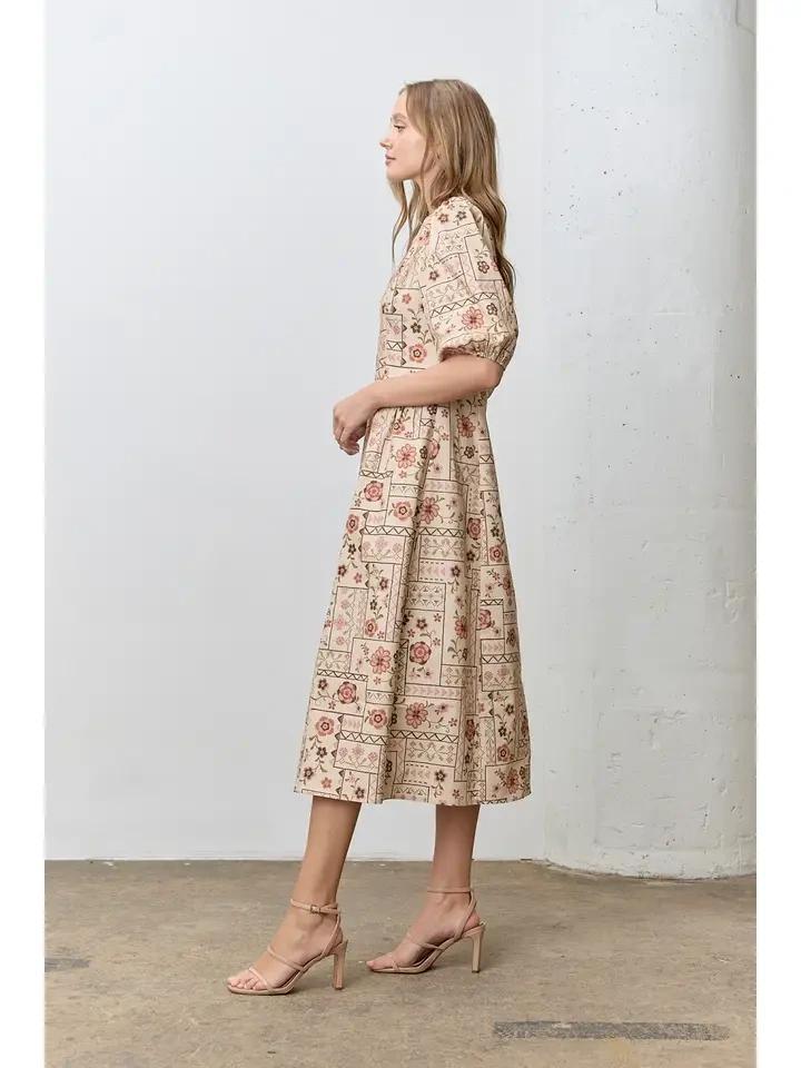 Natural Cross Stitch Print Denim Maxi