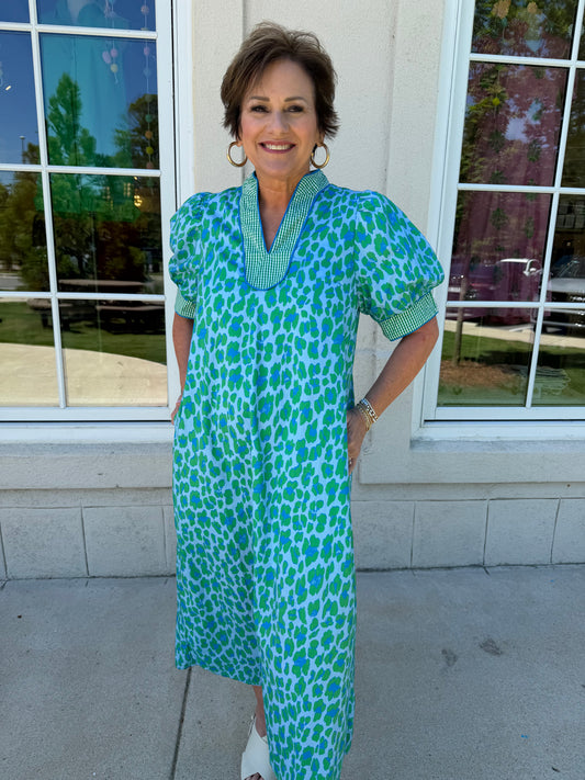 Green and Bright Blue Midi Dress