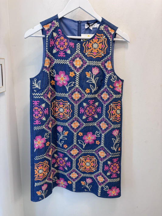Blue Embroidered Flower Denim Dress