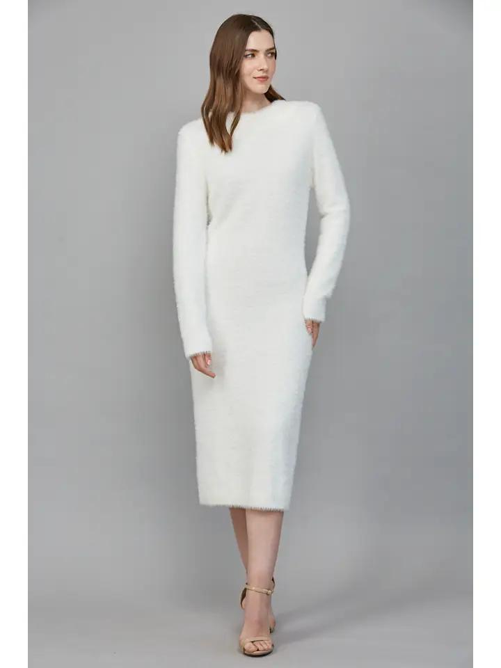 Fuzzy Knit Cream Midi Dress