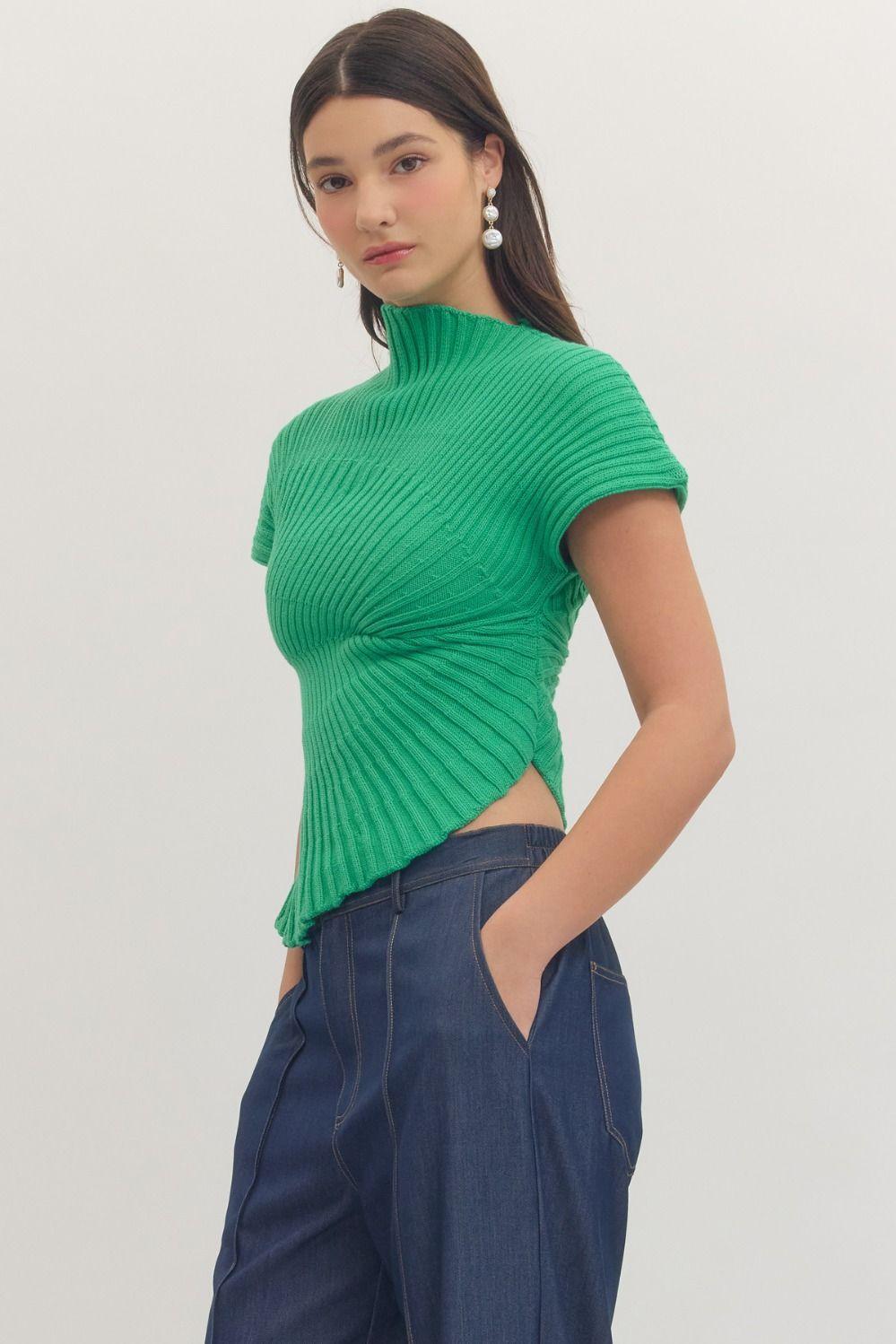 Green Asymmetric Hem Knit Top