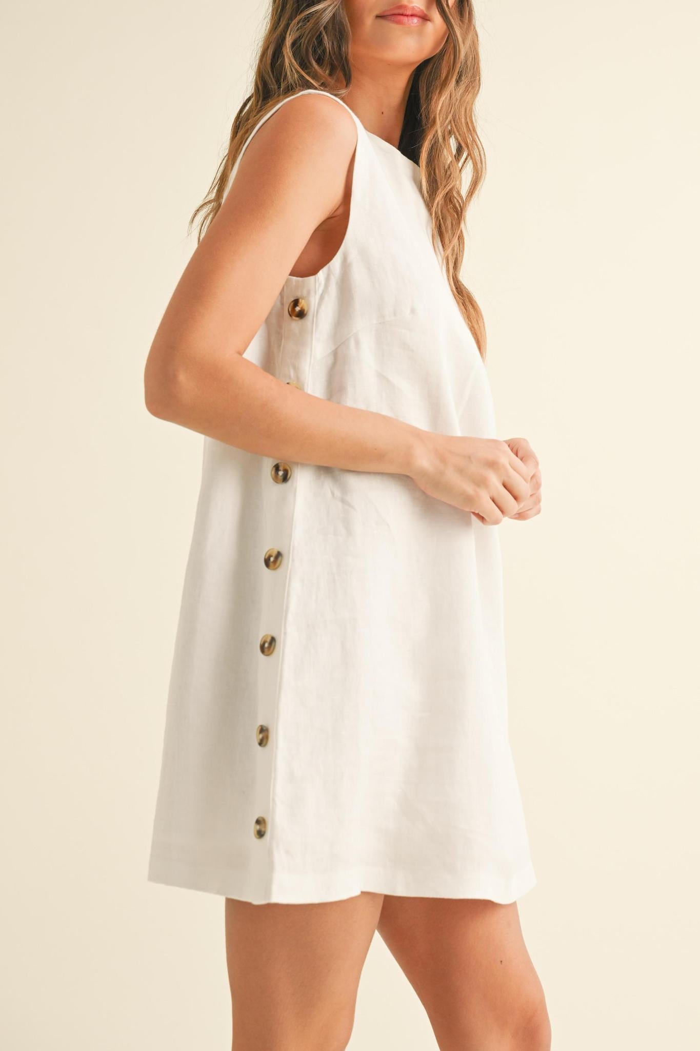 White Button Detail Linen Dress