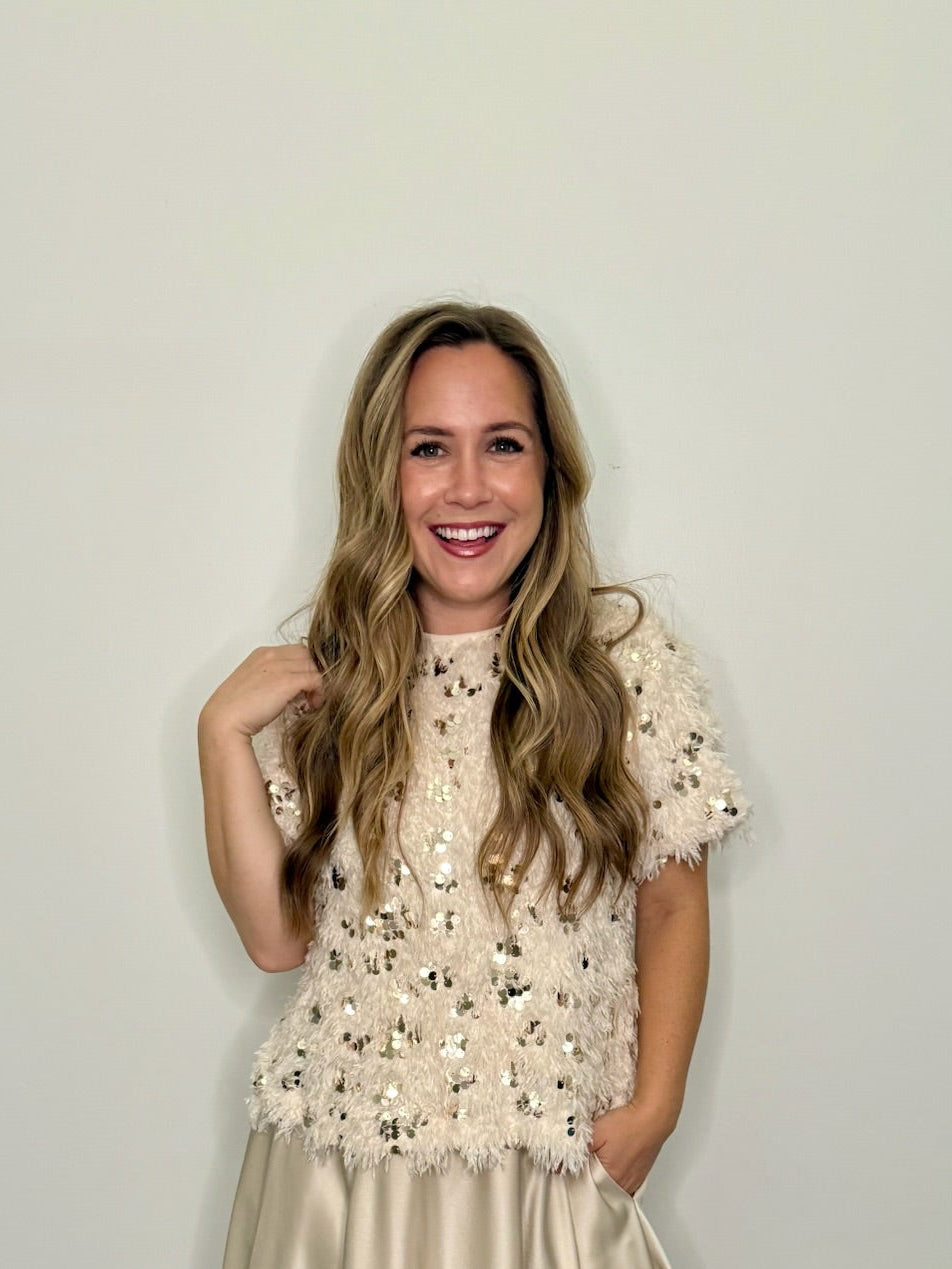 Cream Fluffy Sequin Top