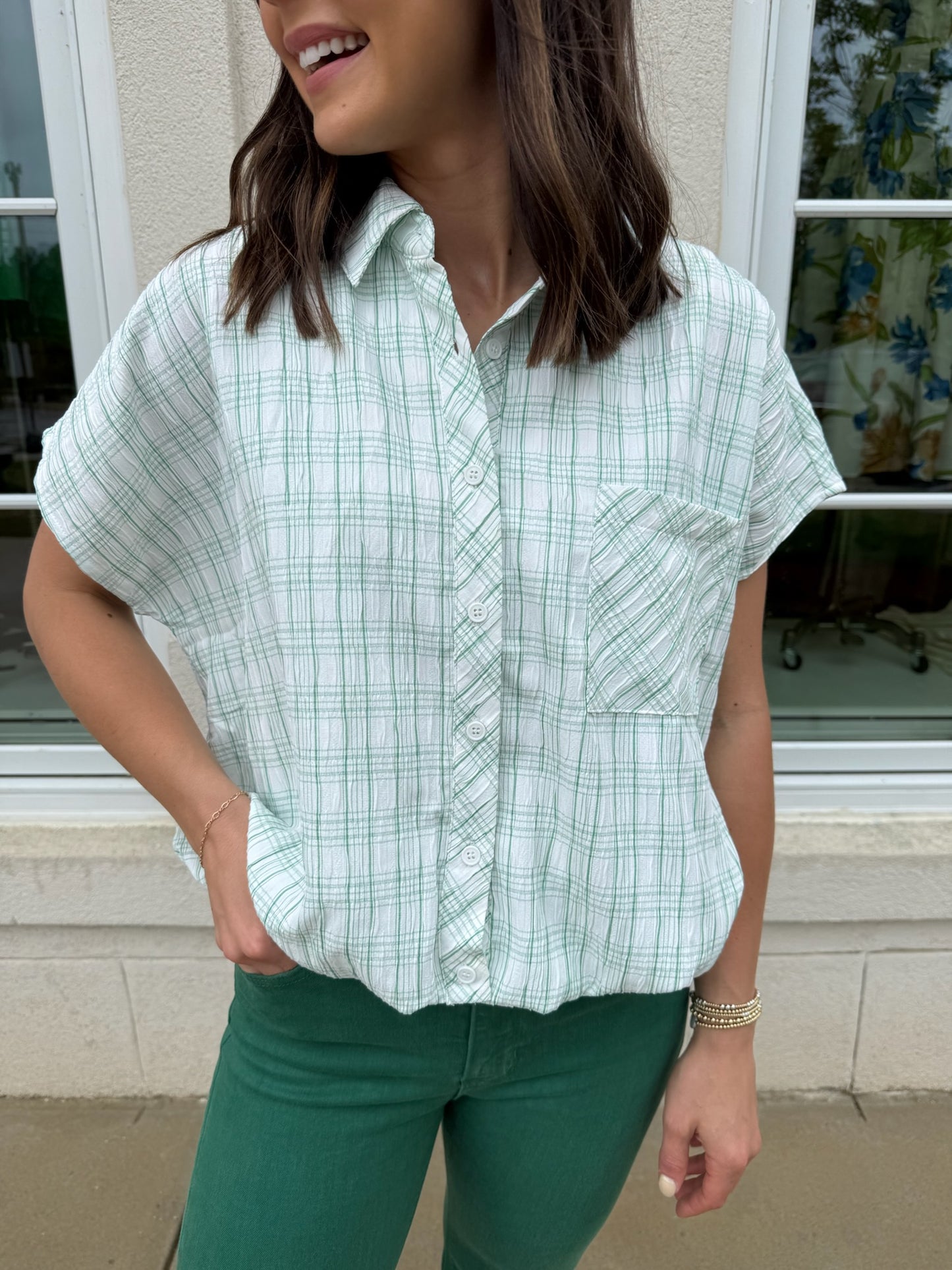 Kelly Green Crinkled Plaid Top