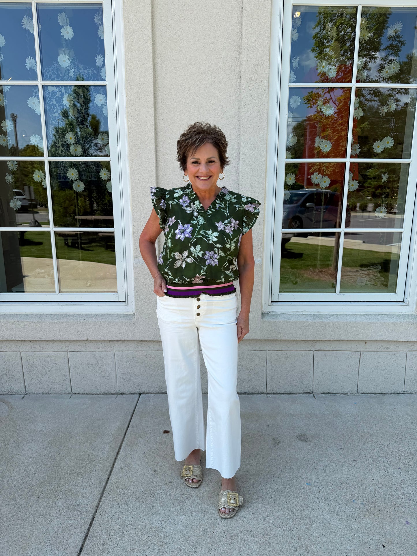 White Button Front Stretch  Pants