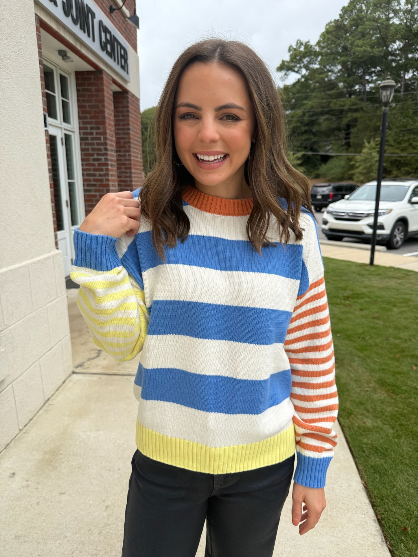Blue and Lemon Color Block Striped Sweater