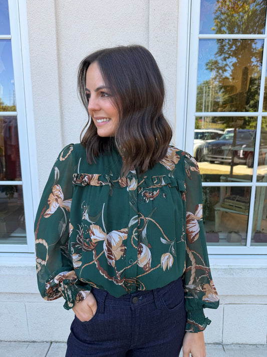 Dark Green Multi Chiffon Blouse