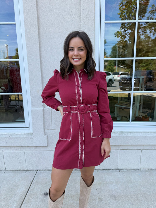 Burgundy with White Whipstitching Dress