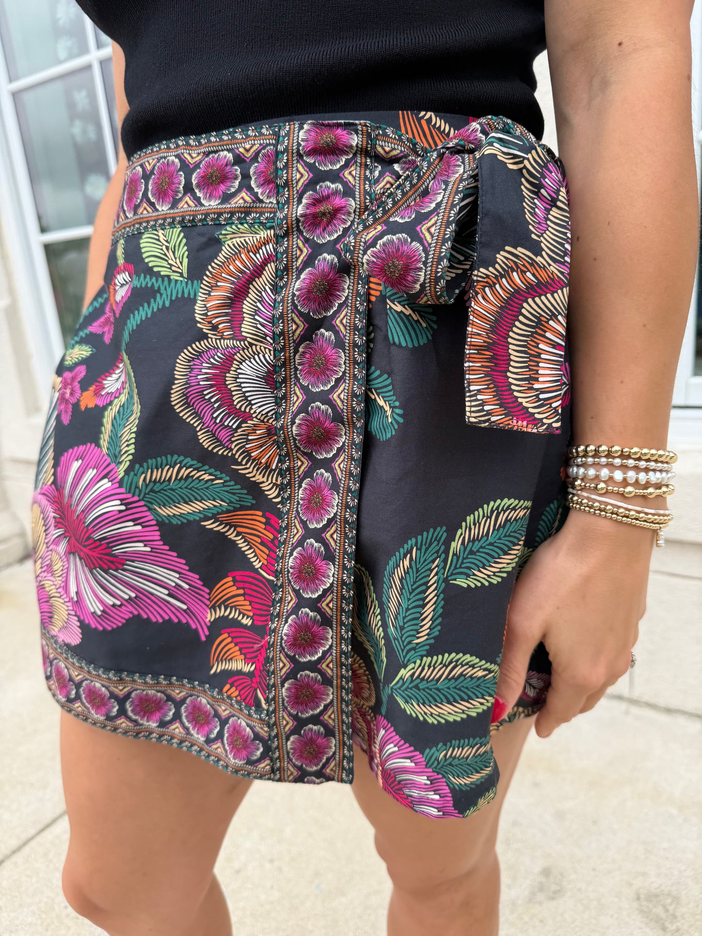 Black Botanical Print Wrap Front Skort
