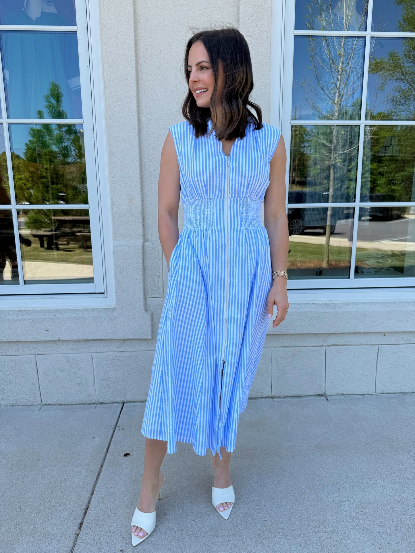 Blue and White Striped Midi