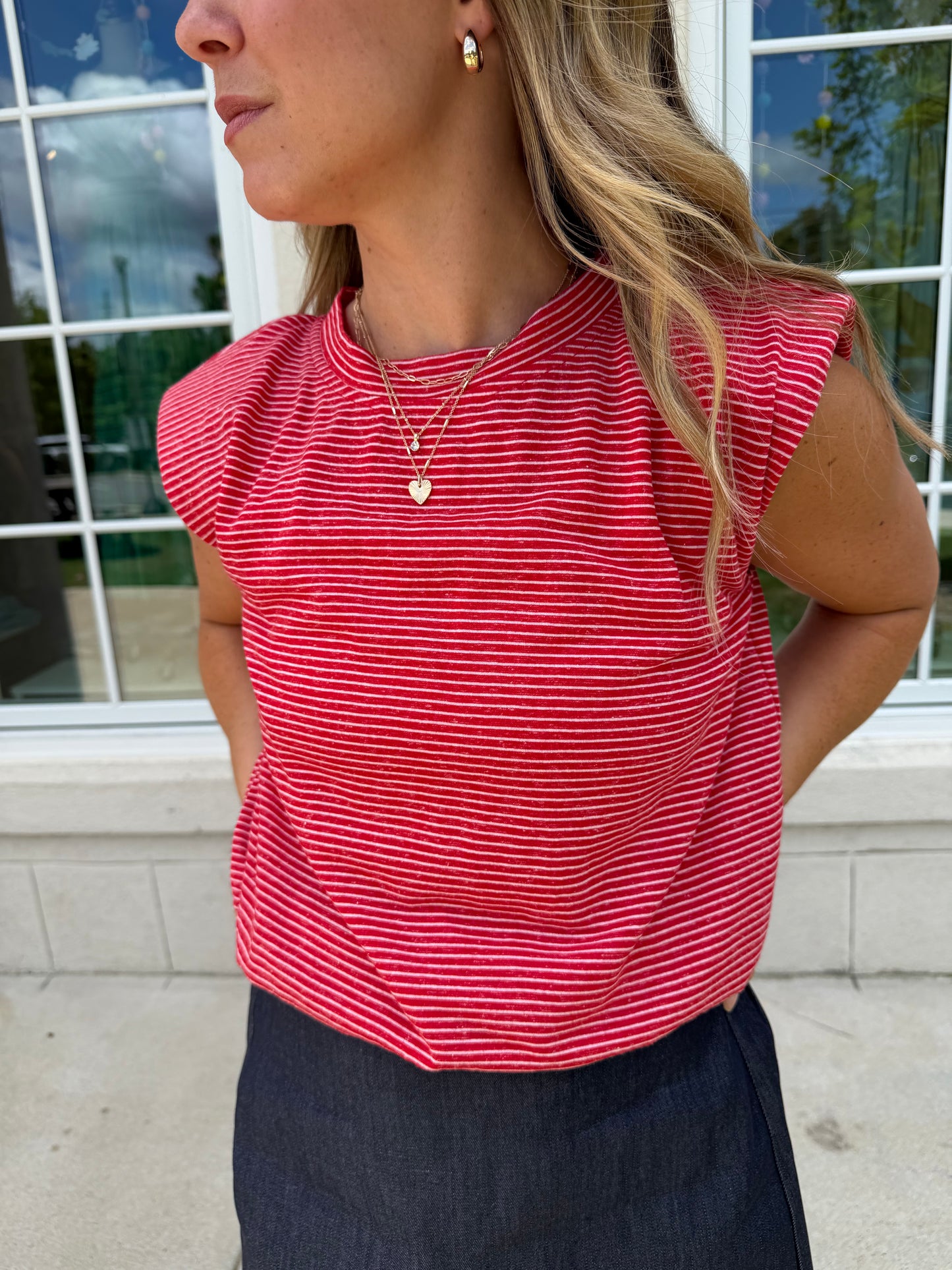 Red Stripe Knit Bubble Hem Tank Top