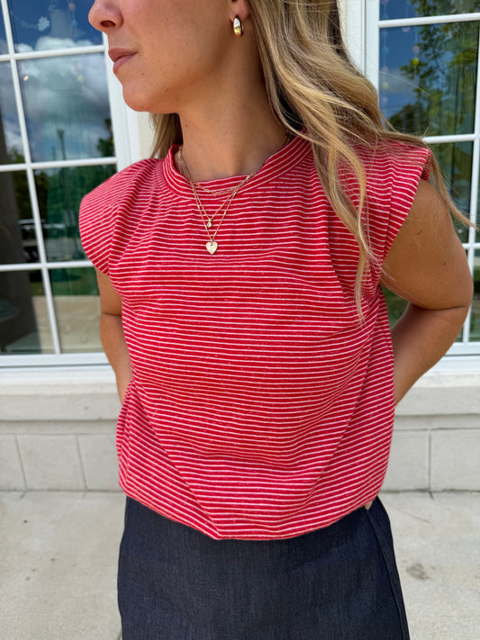 Red Stripe Knit Bubble Hem Tank Top