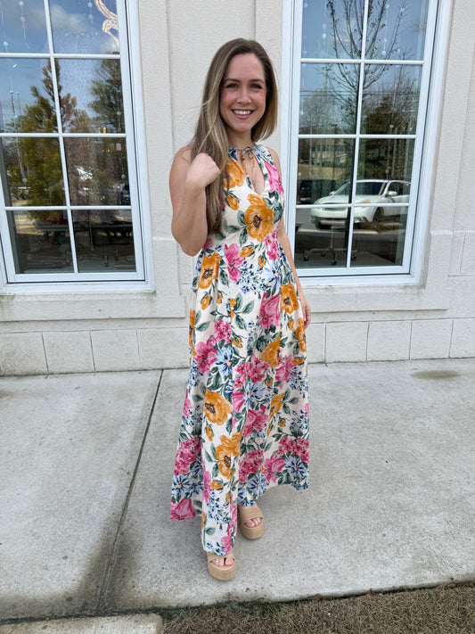 High-neck Floral Maxi Dress