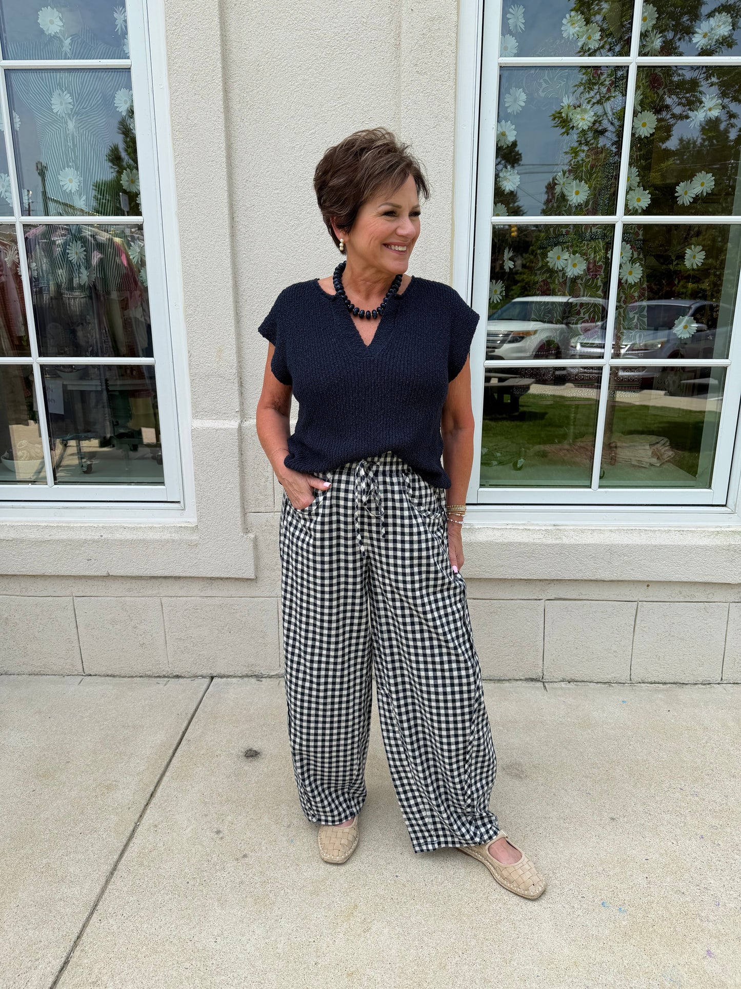 Navy Relaxed Gingham Barrel Leg Pants