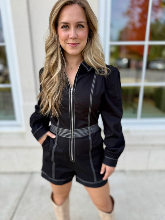 Black Topstitched Twill Romper