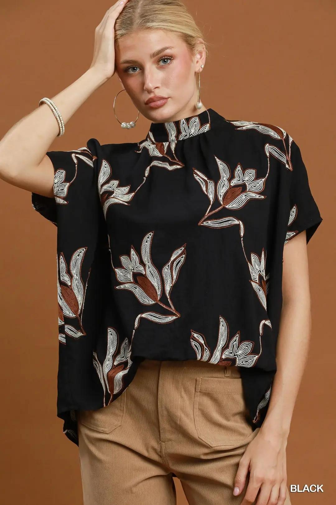 Black Floral Embroidered  Blouse
