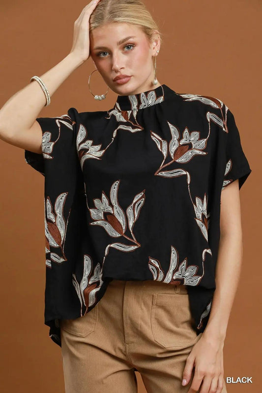 Black Floral Embroidered  Blouse