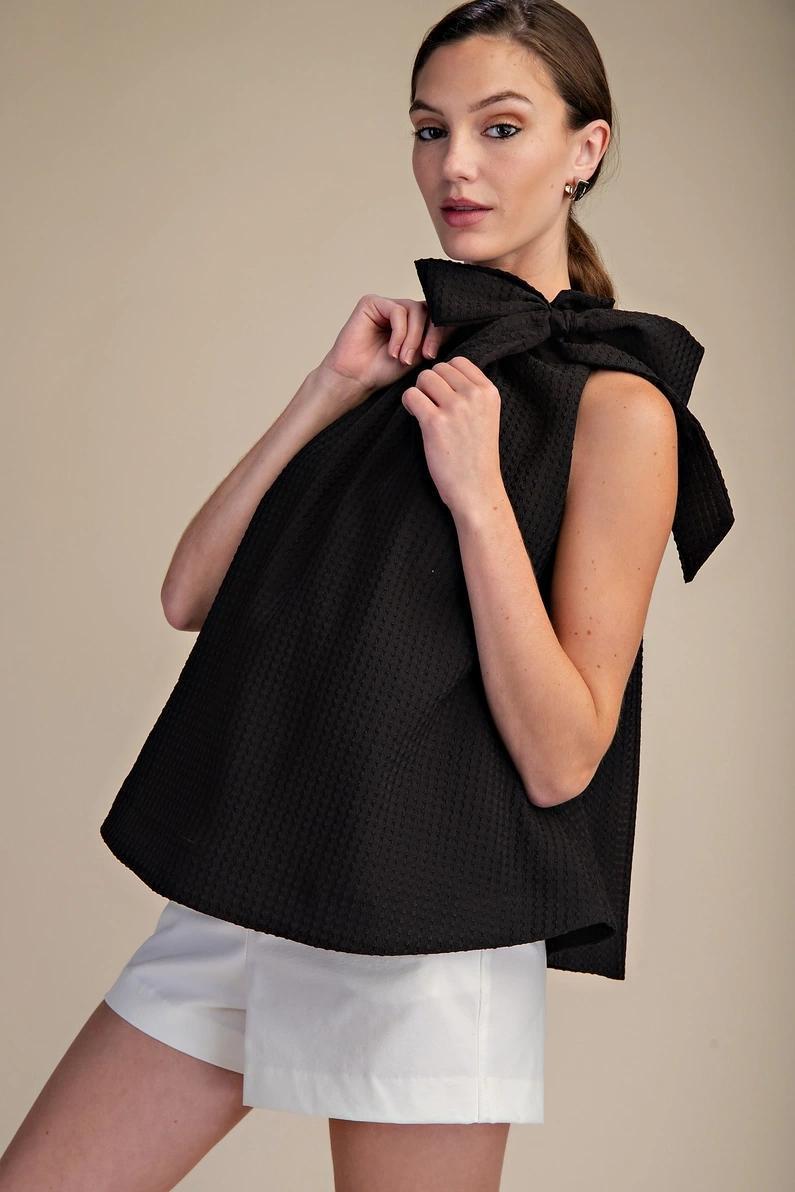 Black Ruffle Neck Tie Top