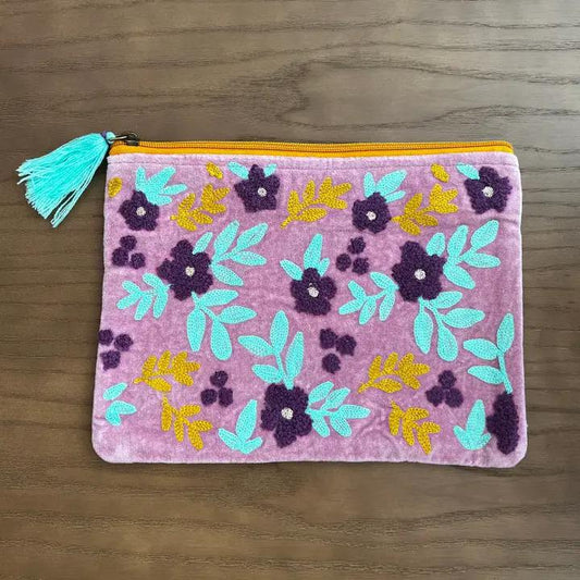 Floral Lavender Embroidered Pouch Large