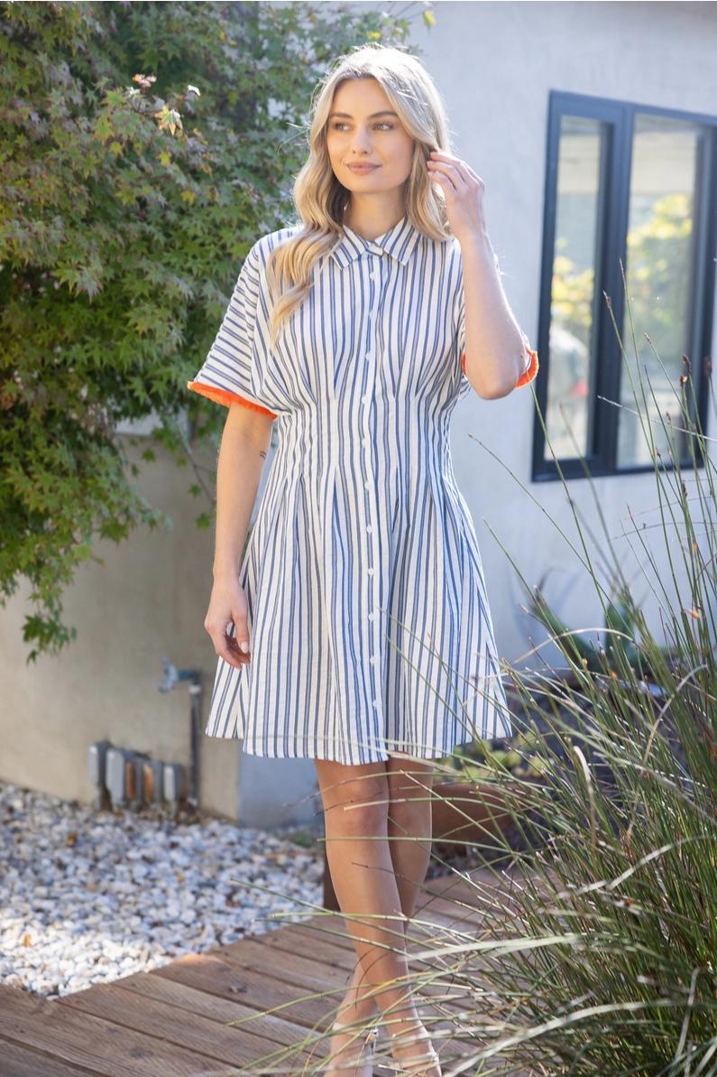 Blue Pleated Waist Mini Flare Shirt Dress