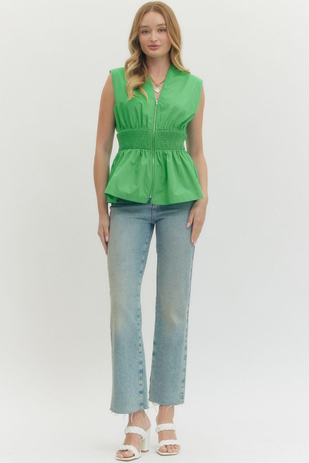 Green Peplum Front Zip Top