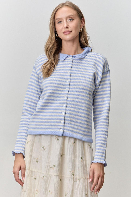 Blue and Ivory Striped Sweater Cardigan