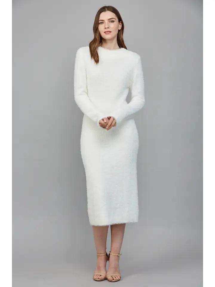 Fuzzy Knit Cream Midi Dress