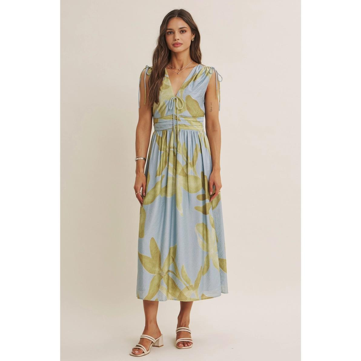 Powder Blue and Light Olive Tropical Floral Midi