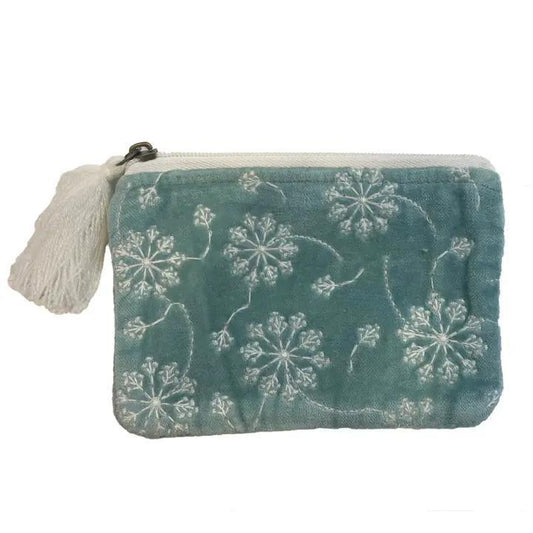 Soft Gray Blue Velvet and White Pouch Large