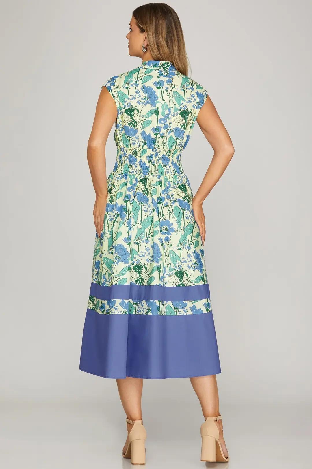 Blue Floral Smocked Zip Front Midi