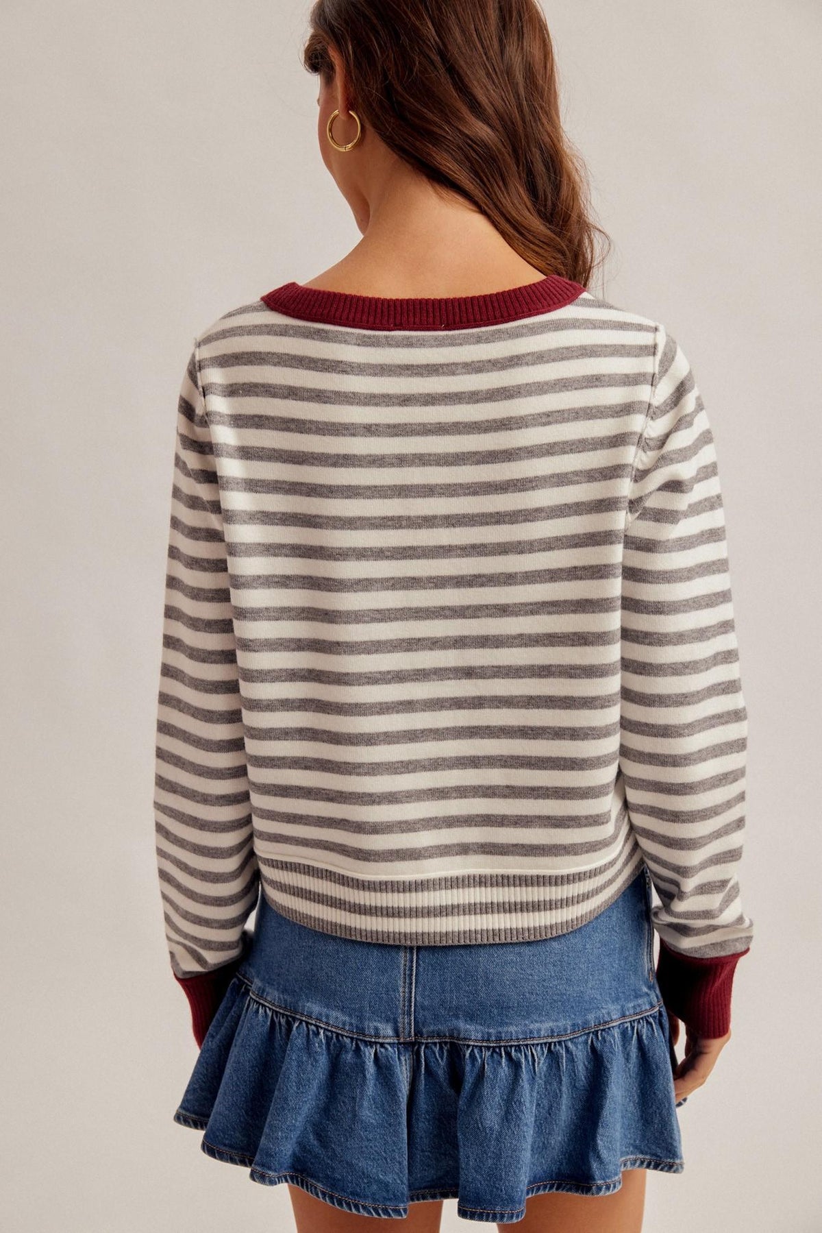 Heathered Grey and Burgundy Stripe Cardi