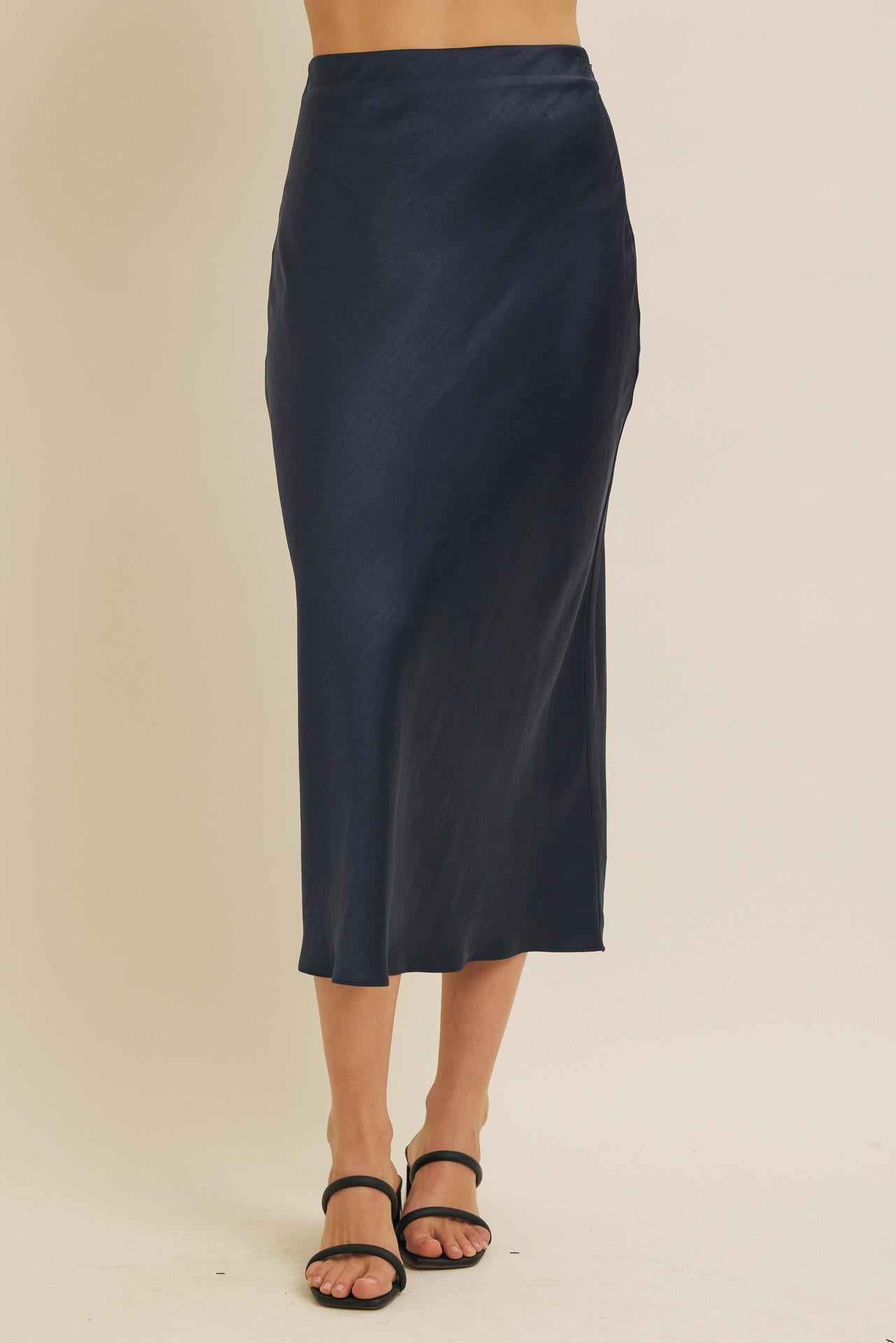 Dark Navy Silky Satin Maxi Skirt