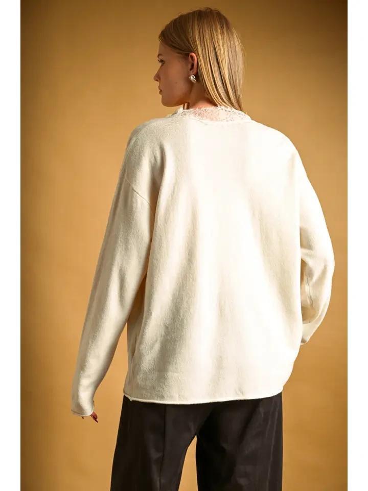 Cream Eyelash Lace Trimmed Sweater