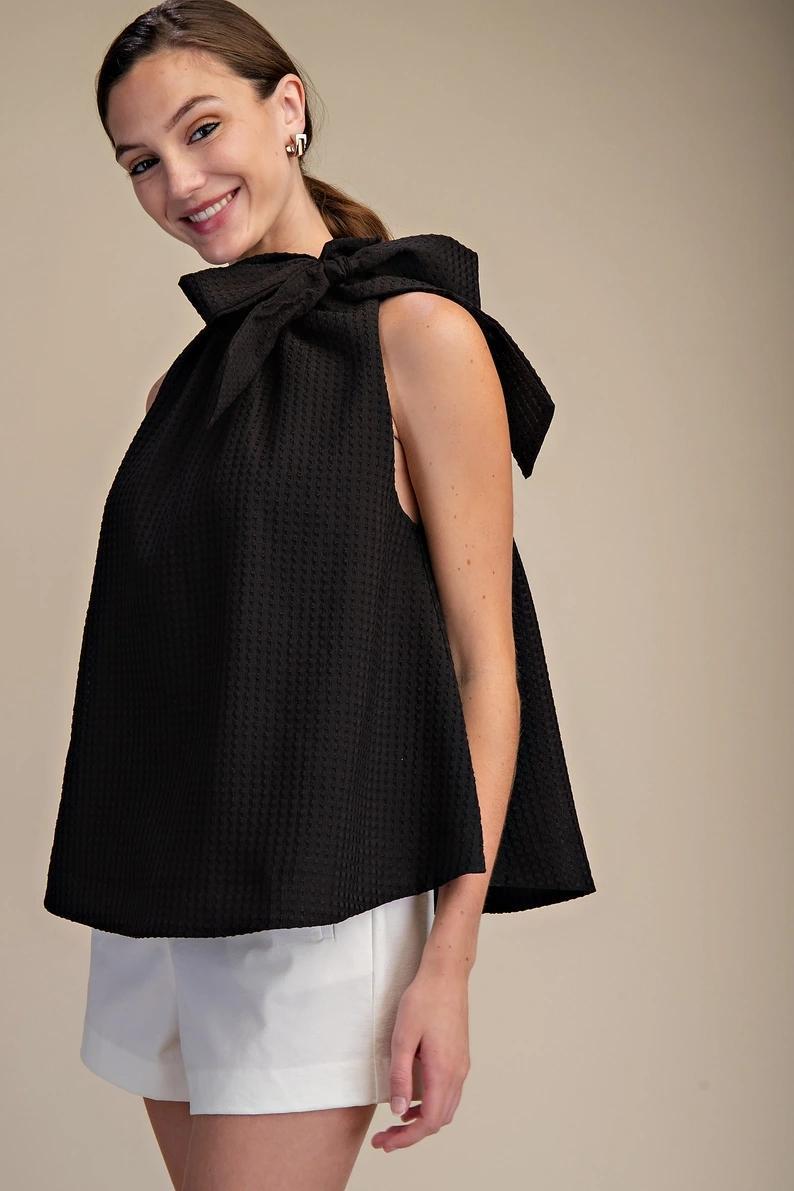 Black Ruffle Neck Tie Top