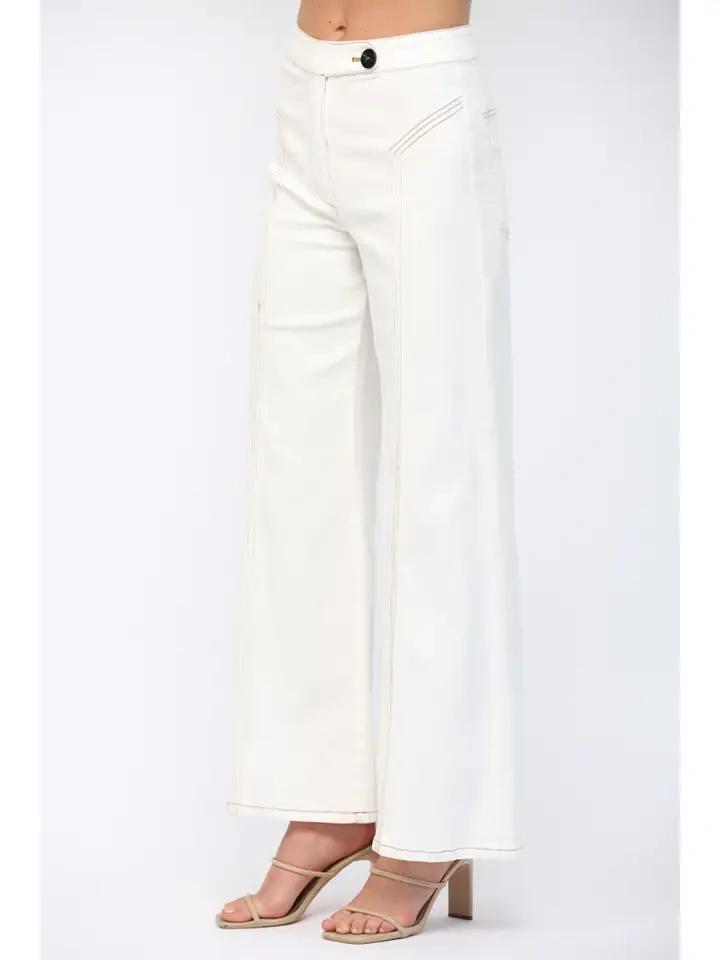 Cream Topstitched Flare Jean