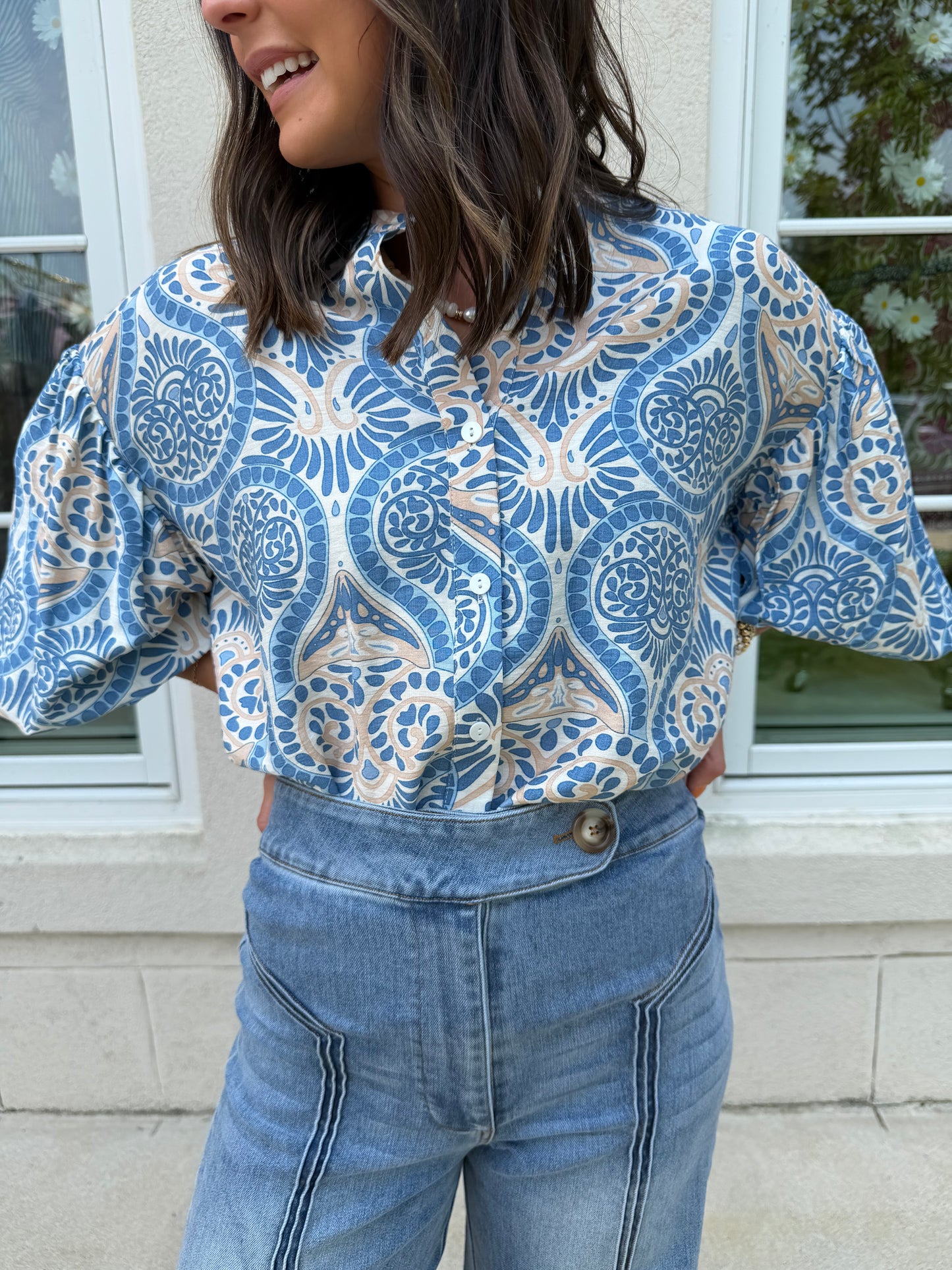 Blue Multi Damask Print Top