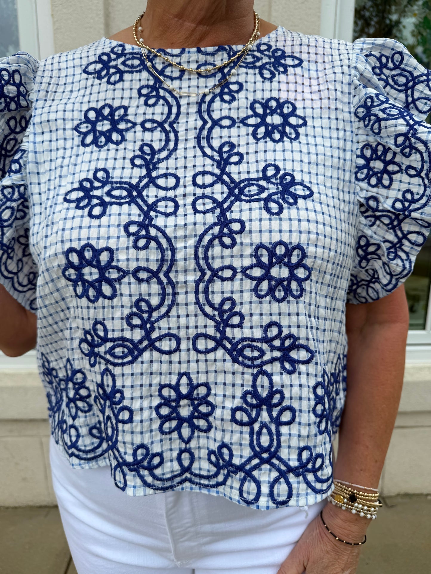 Blue Checkered Embroidered Top