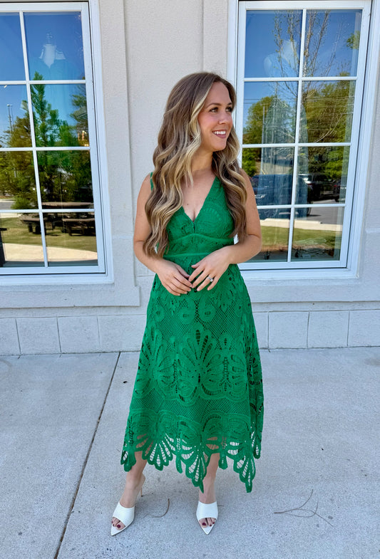 Green Embroidered Lace Midi