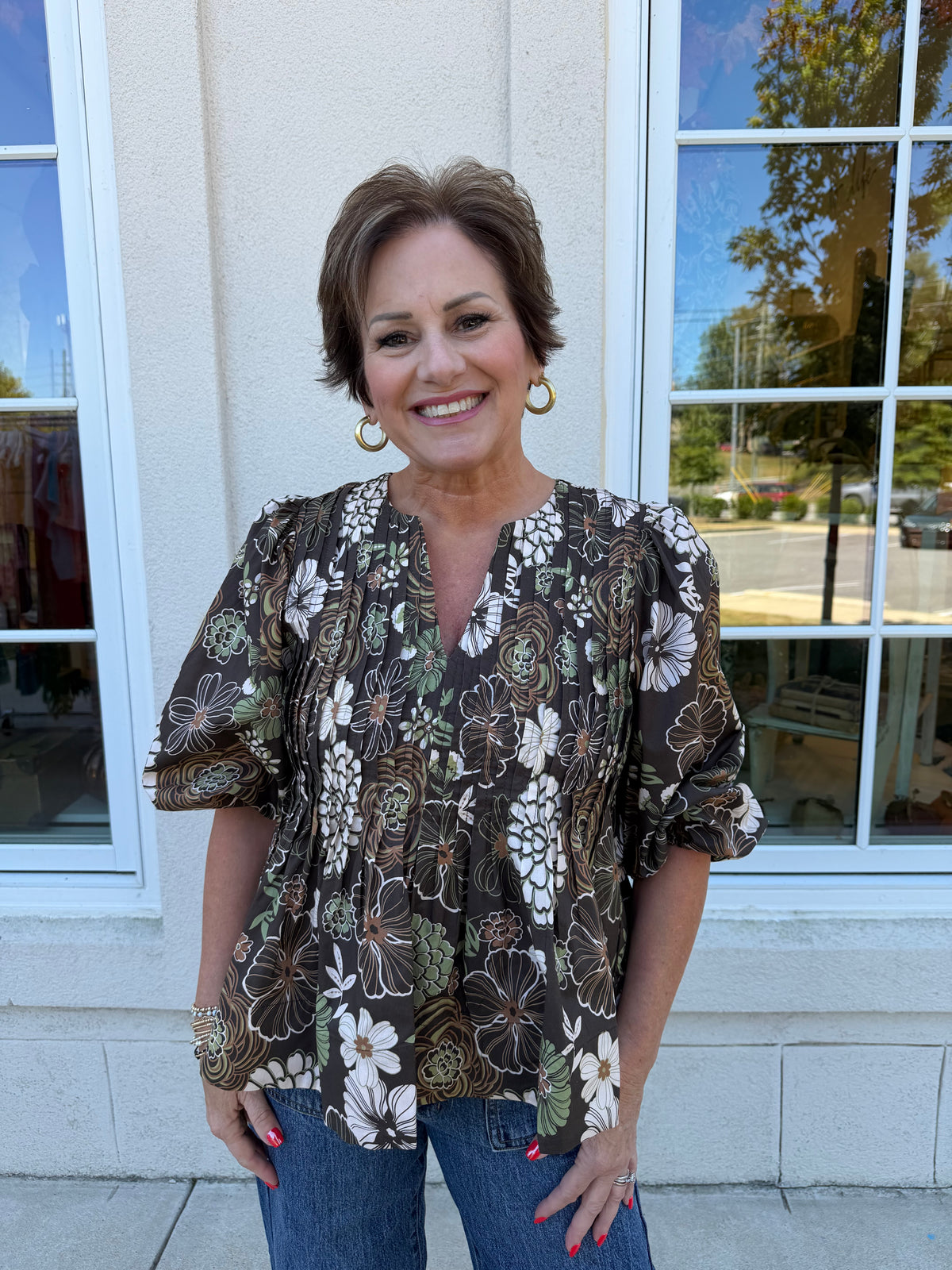 Multi Brown and Olive Pleated Top