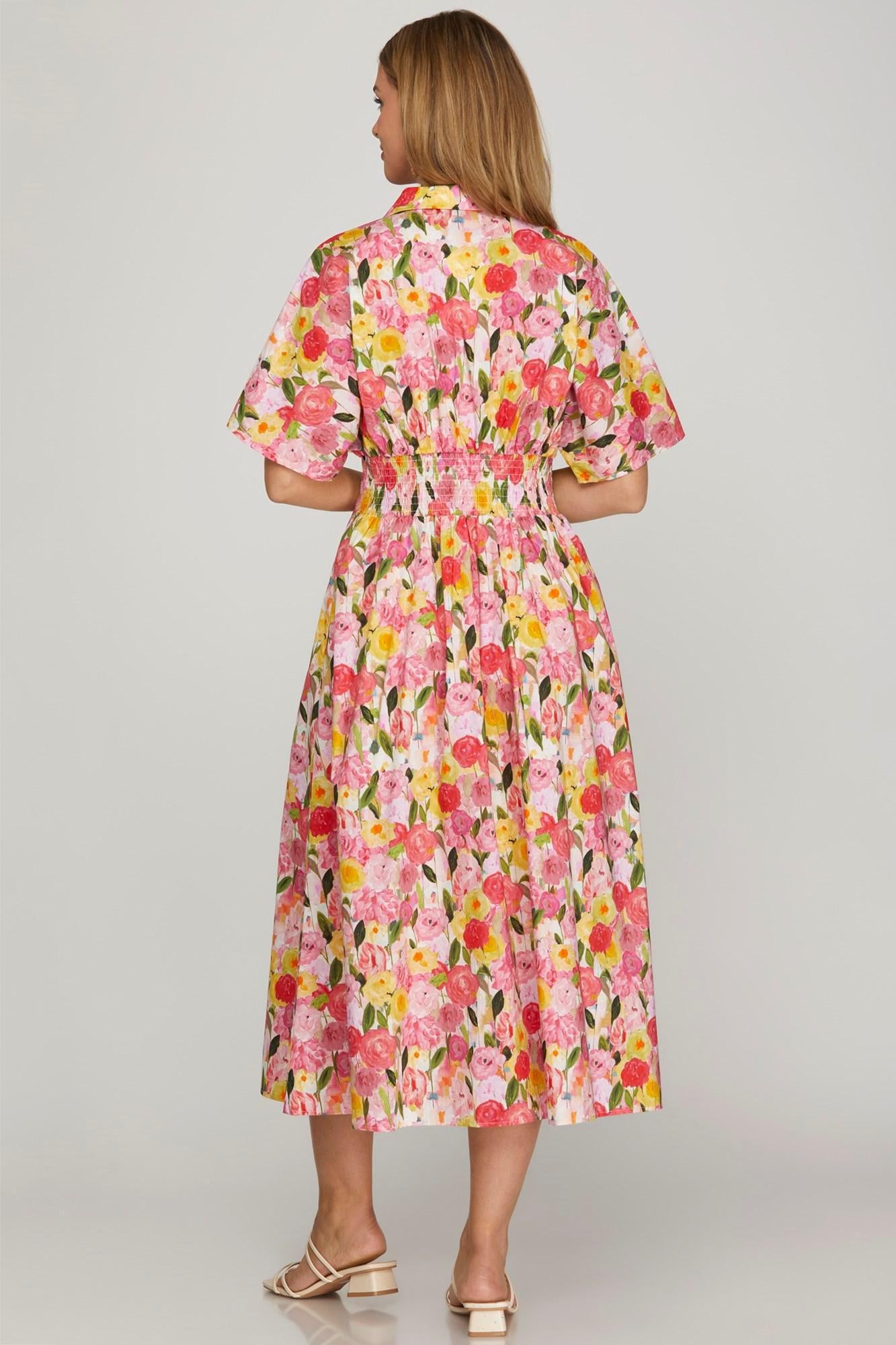 Pink Floral Waisted Pintuck Dress