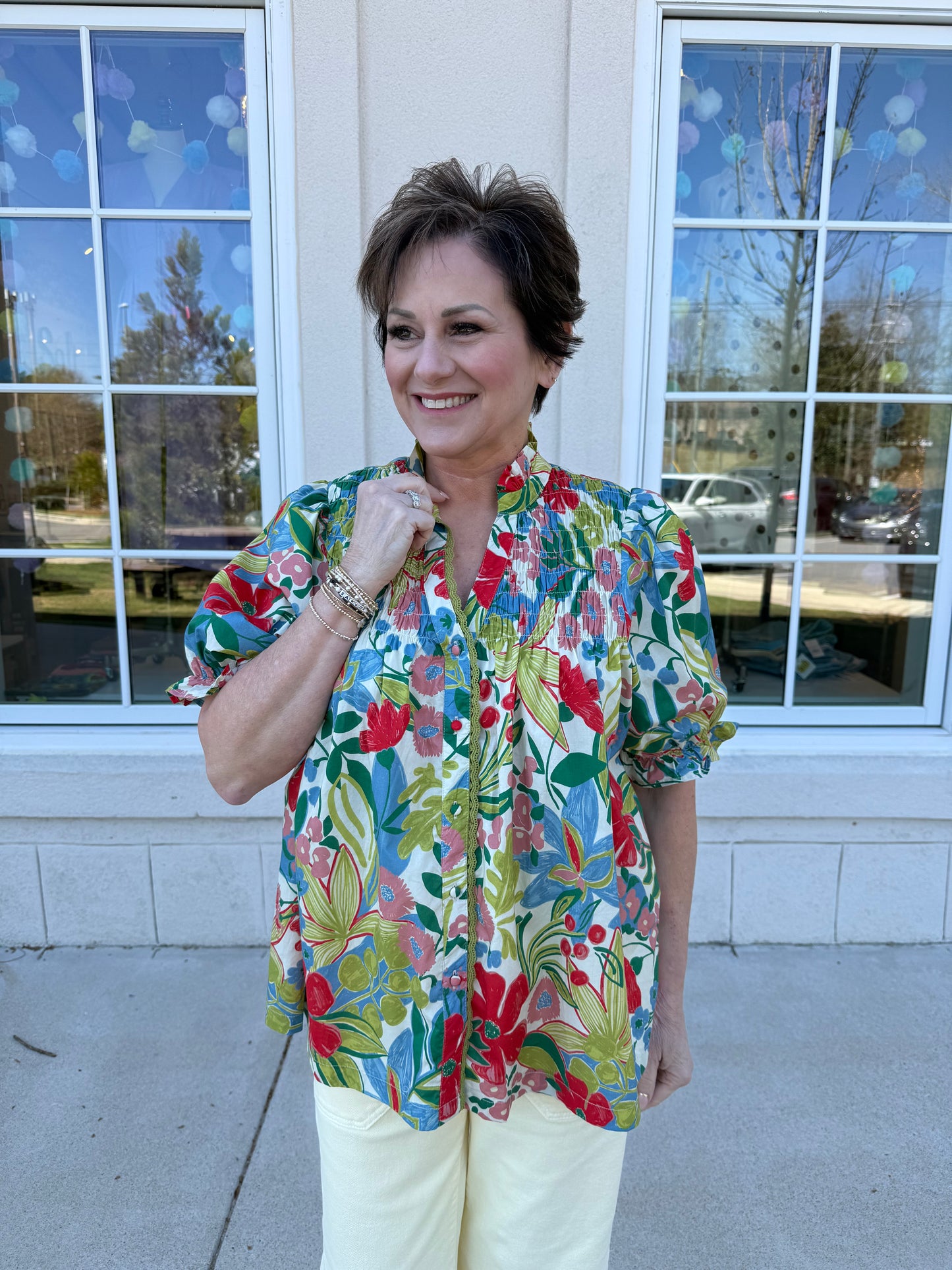 Cream Mix Floral Smocked Top