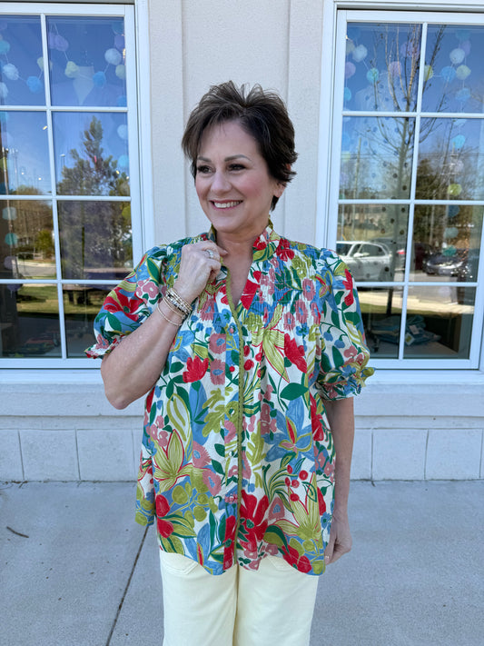 Cream Mix Floral Smocked Top