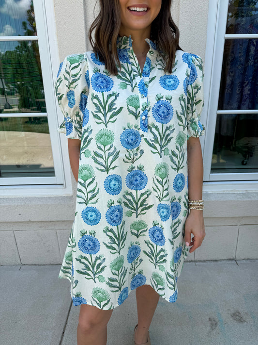 Blue Floral Puff Sleeve Babydoll Dress